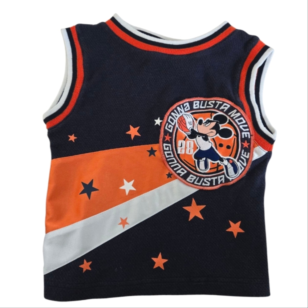 Disney Vintage Y2K Mickey Mouse Navy and Orange Basketball Jersey Tank Top